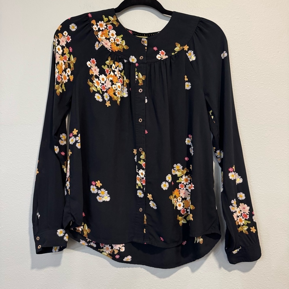 Maeve Floral Black Button Up Blouse Long Sleeve XS